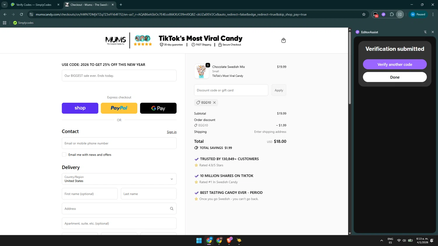 MUMS checkout page showing MUMS discount code box | Screenshot taken by SimplyCodes community member on Jan 4, 2026