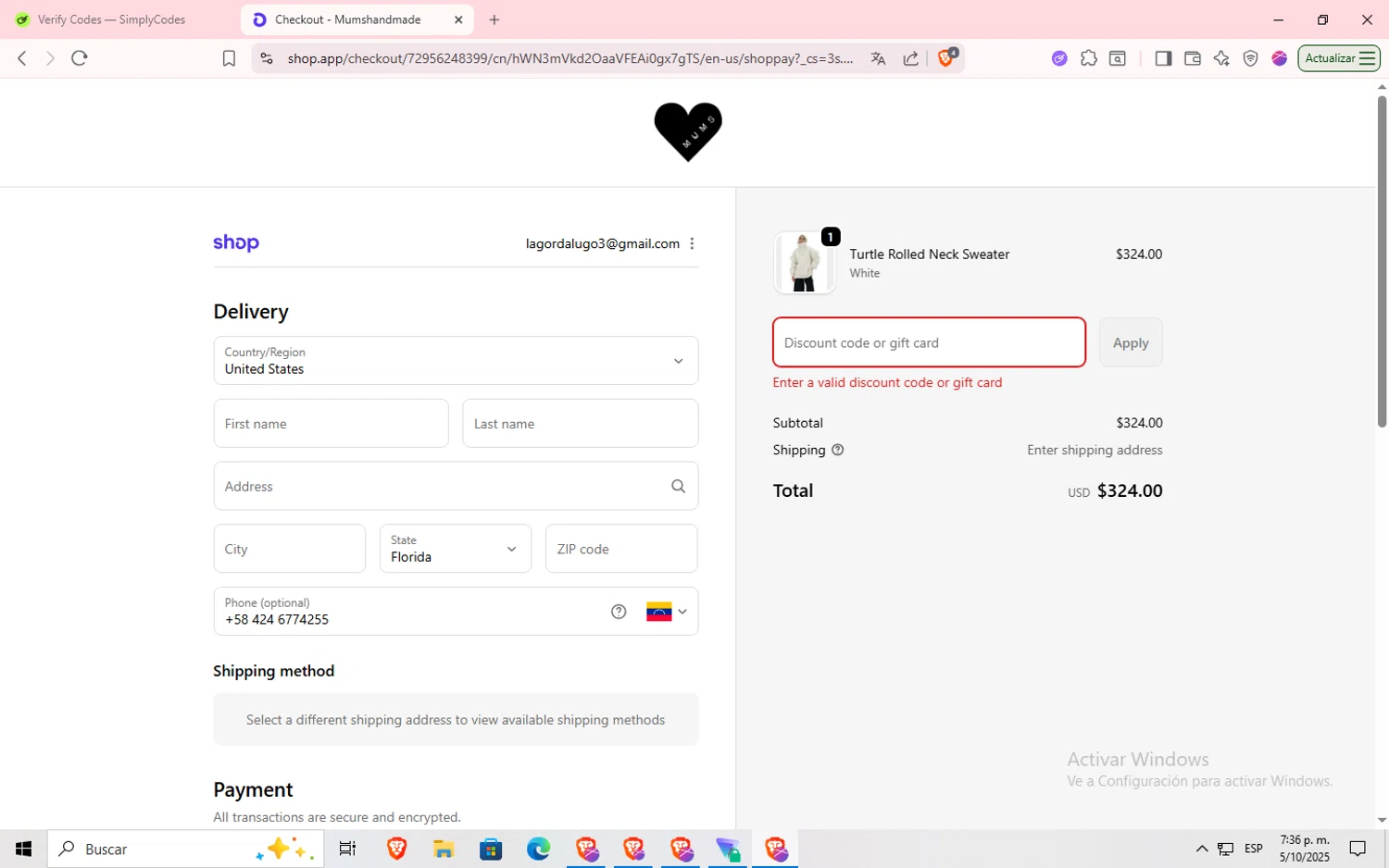 Mum's Handmade promo code screenshot showing code _MONIQUELYNN applied at Mum's Handmade checkout page. Uploaded by SimplyCodes community member Jsjsjsjsjsjsjs on Oct 5, 2025