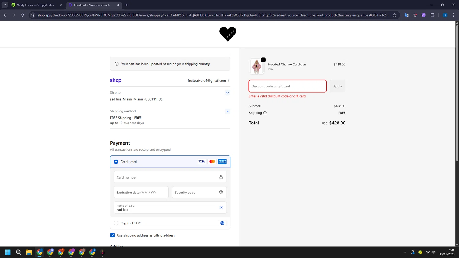 Mum's Handmade promo code screenshot showing code KENZA12 applied at Mum's Handmade checkout page. Uploaded by SimplyCodes community member CashLegend3767 on Nov 13, 2025