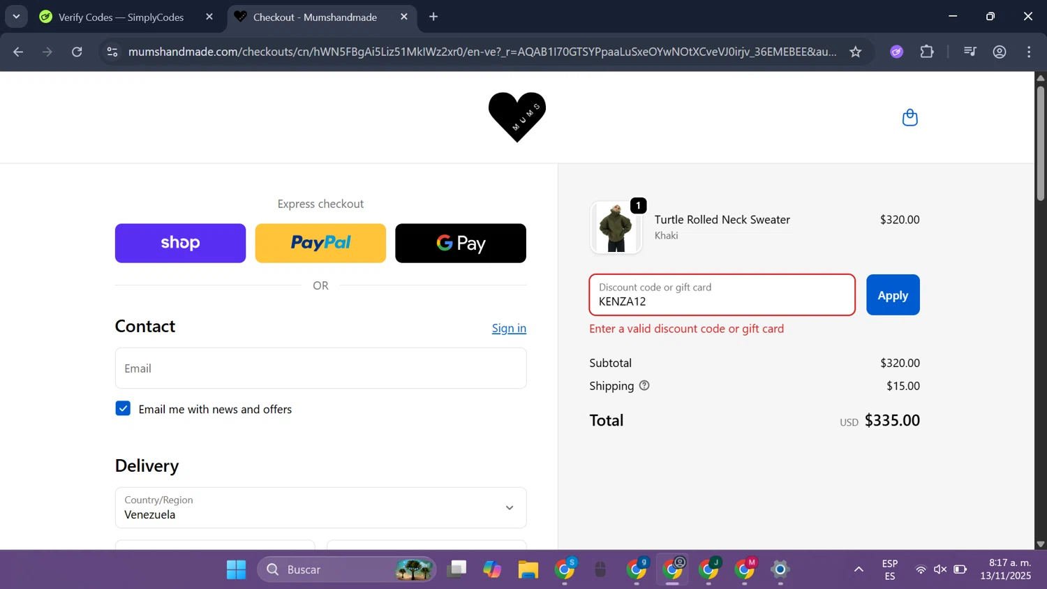 Mum's Handmade promo code screenshot showing code KENZA12 applied at Mum's Handmade checkout page. Uploaded by SimplyCodes community member SmartLegend506 on Nov 13, 2025