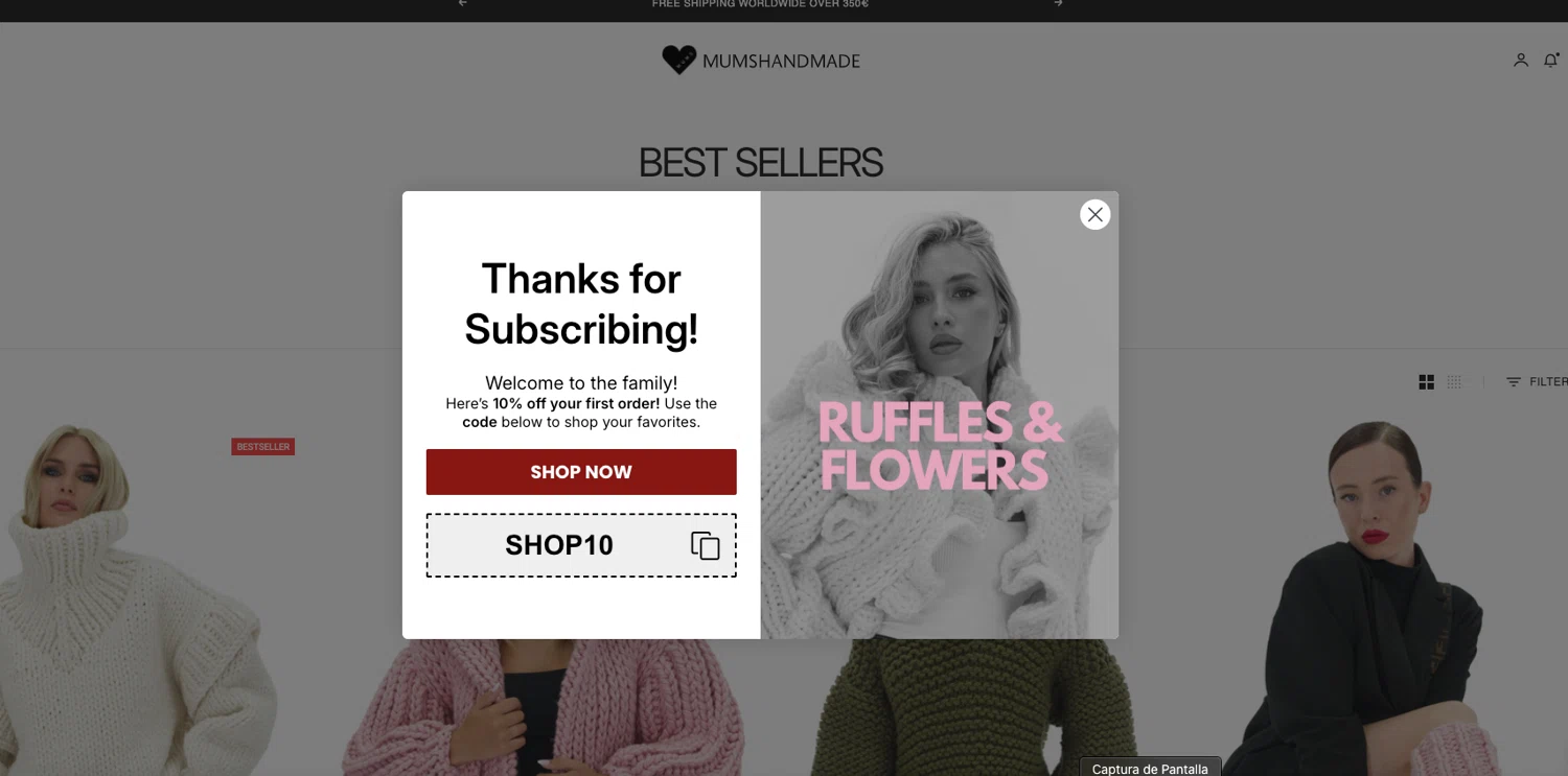 Mum's Handmade promo code screenshot showing code SHOP10 applied at Mum's Handmade checkout page. Uploaded by SimplyCodes community member ELOIN777 on Sep 9, 2025