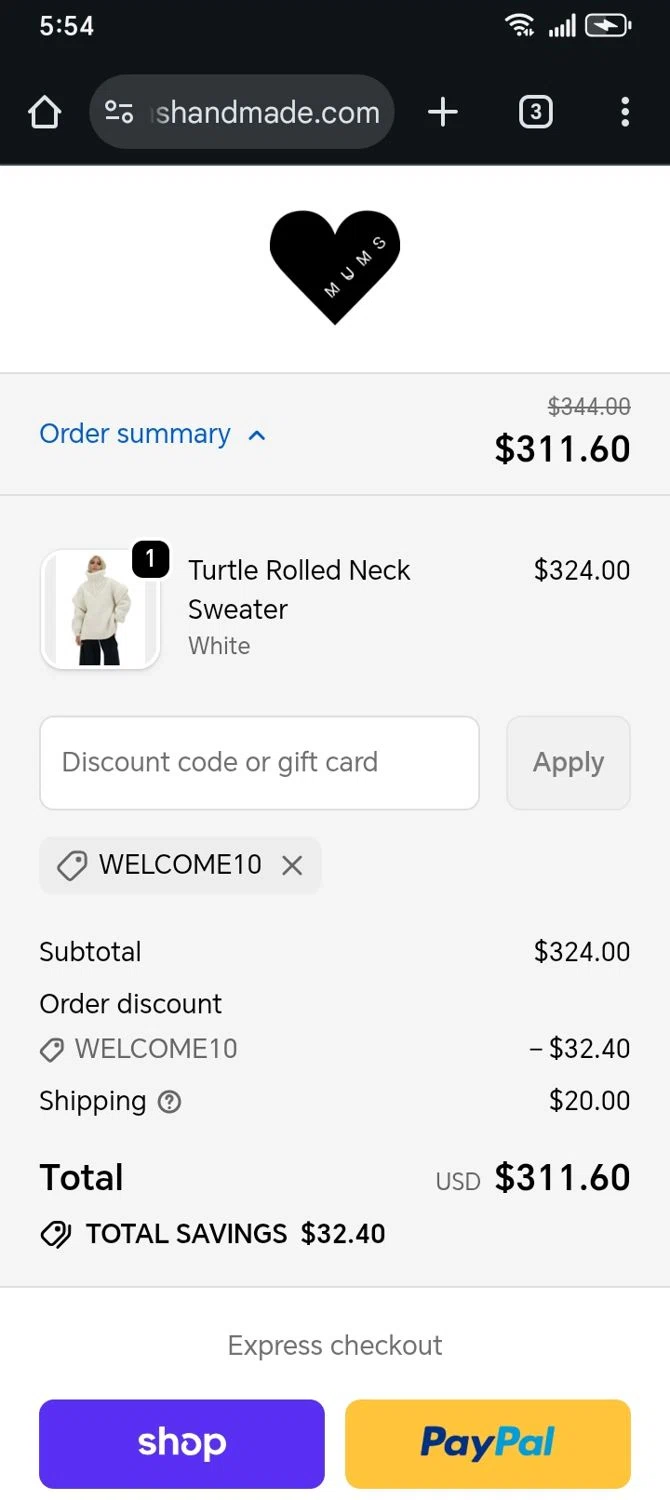 Mum's Handmade promo code screenshot showing code WELCOME10 applied at Mum's Handmade checkout page. Uploaded by SimplyCodes community member franksanchez on Oct 5, 2025
