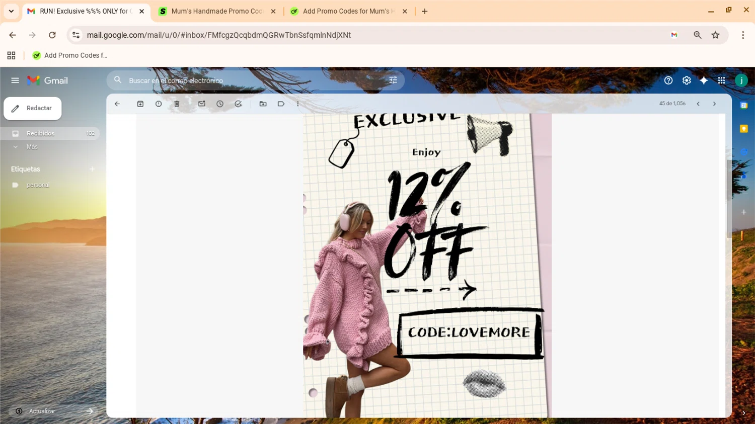 Mum's Handmade promo code screenshot showing code lovemore applied at Mum's Handmade checkout page. Uploaded by SimplyCodes community member yennifergonzalez on Nov 3, 2025