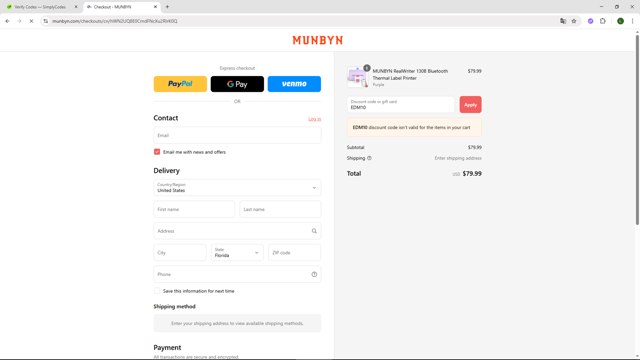 Munbyn checkout page showing Munbyn promo code box | Screenshot taken by SimplyCodes community member on Sep 1, 2025