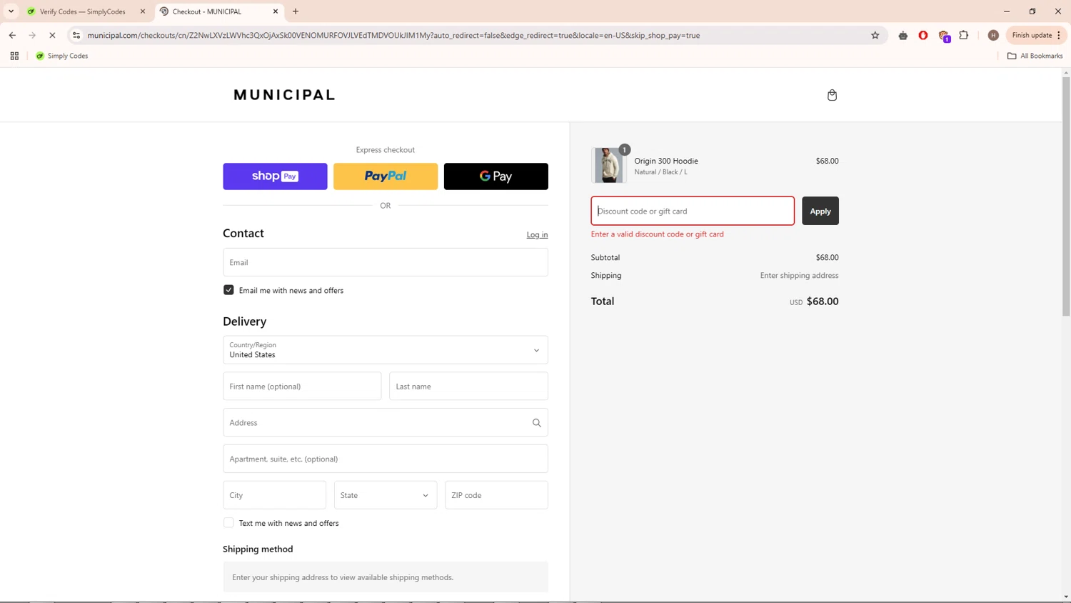 MUNICIPAL discount code screenshot showing code TREATYOURSELF20 applied at MUNICIPAL checkout page. Uploaded by SimplyCodes community member PrimeMaverick7854 on Feb 15, 2025