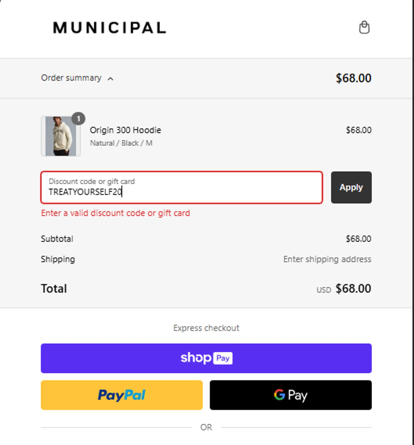 MUNICIPAL discount code screenshot showing code TREATYOURSELF20 applied at MUNICIPAL checkout page. Uploaded by SimplyCodes community member CleverWhiz2265 on Feb 15, 2025