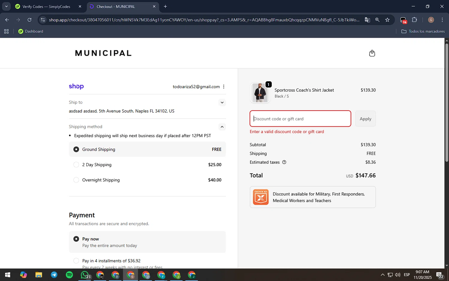 MUNICIPAL discount code screenshot showing code SAVE5 applied at MUNICIPAL checkout page. Uploaded by SimplyCodes community member EpicTiger3556 on Nov 20, 2025