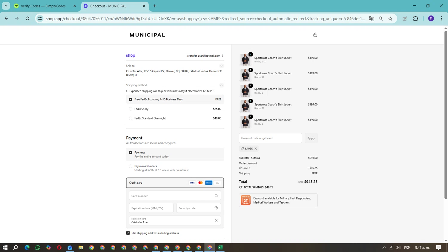 MUNICIPAL discount code screenshot showing code SAVE5 applied at MUNICIPAL checkout page. Uploaded by SimplyCodes community member Fundolaroca on Oct 19, 2025