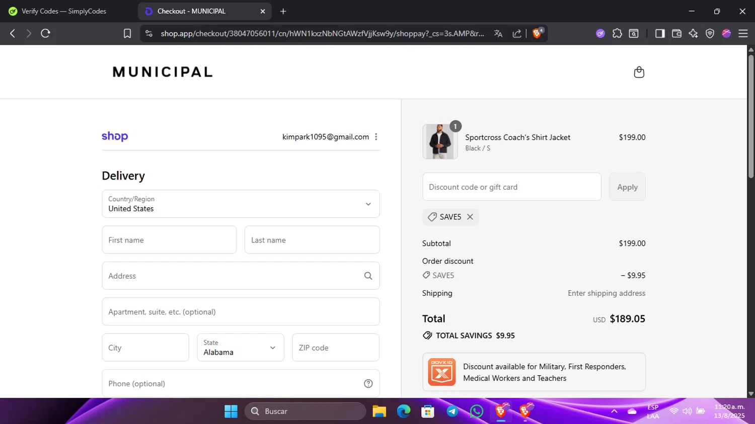 MUNICIPAL discount code screenshot showing code SAVE5 applied at MUNICIPAL checkout page. Uploaded by SimplyCodes community member Pinkicuat on Aug 13, 2025