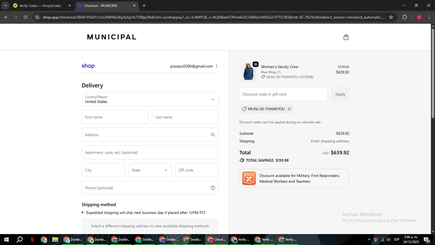 MUNICIPAL discount code screenshot showing code MUNI-20-THANKYOU applied at MUNICIPAL checkout page. Uploaded by SimplyCodes community member BMWGS1200 on Dec 24, 2025