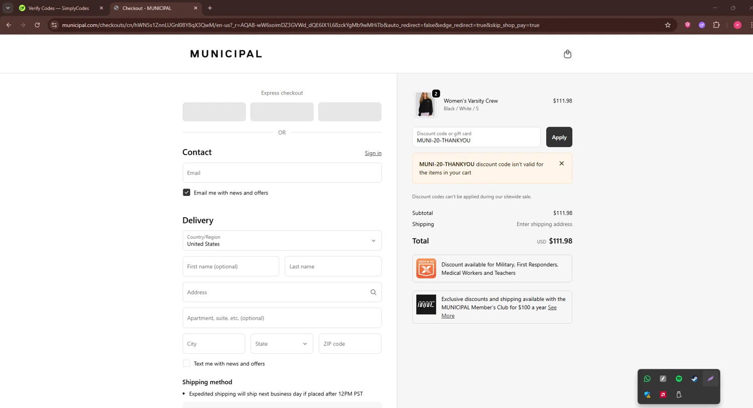 MUNICIPAL discount code screenshot showing code MUNI-20-THANKYOU applied at MUNICIPAL checkout page. Uploaded by SimplyCodes community member TreasureWarden457 on Nov 30, 2025