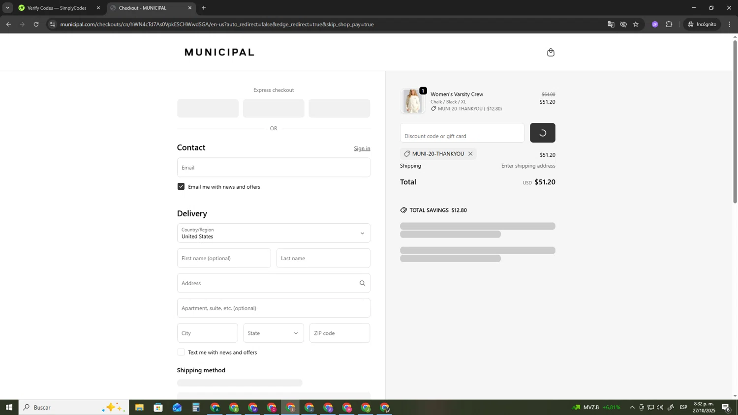 MUNICIPAL discount code screenshot showing code MUNI-20-THANKYOU applied at MUNICIPAL checkout page. Uploaded by SimplyCodes community member pequenokalvin5 on Oct 28, 2025