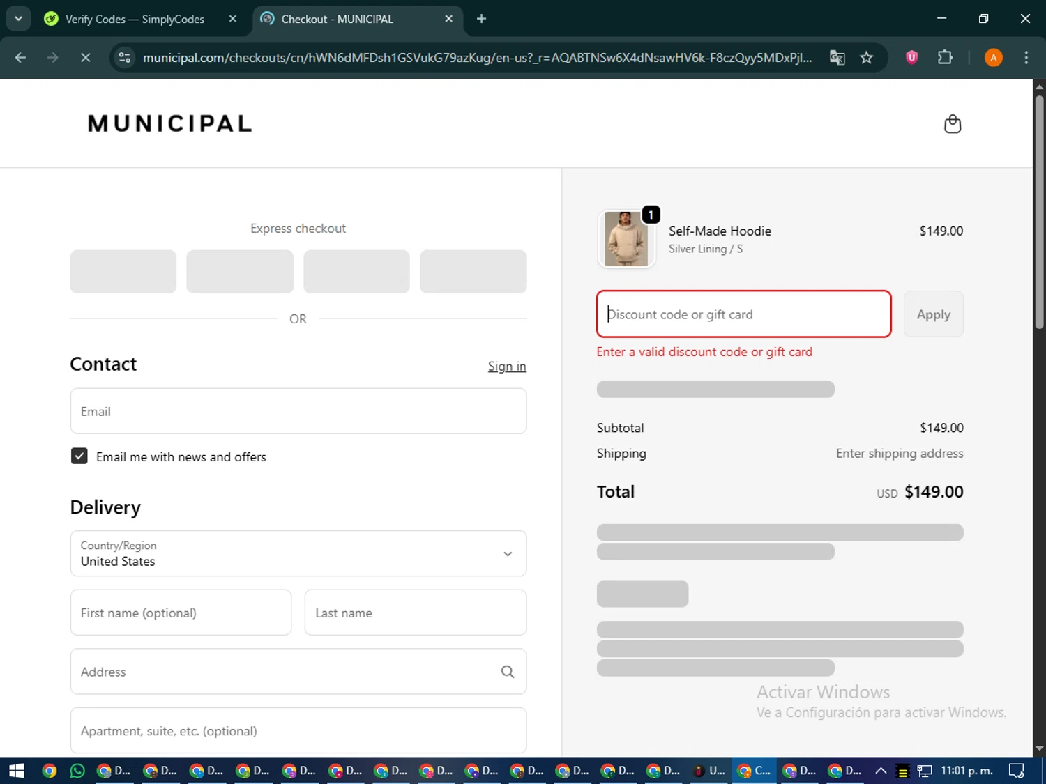 MUNICIPAL discount code screenshot showing code SALE applied at MUNICIPAL checkout page. Uploaded by SimplyCodes community member MoneyPhoenix4664 on Dec 20, 2025