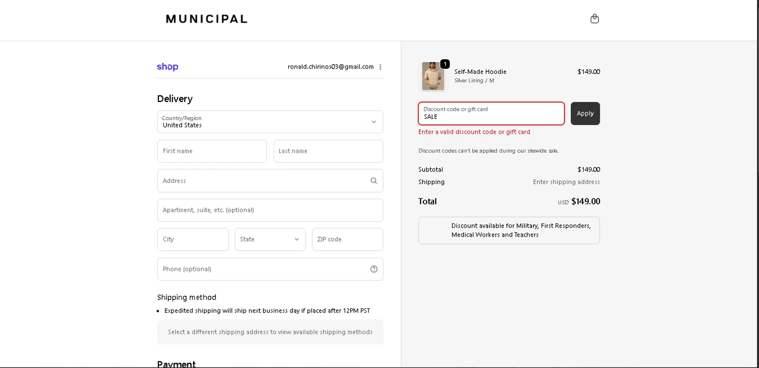MUNICIPAL discount code screenshot showing code SALE applied at MUNICIPAL checkout page. Uploaded by SimplyCodes community member PennySage5996 on Dec 20, 2025