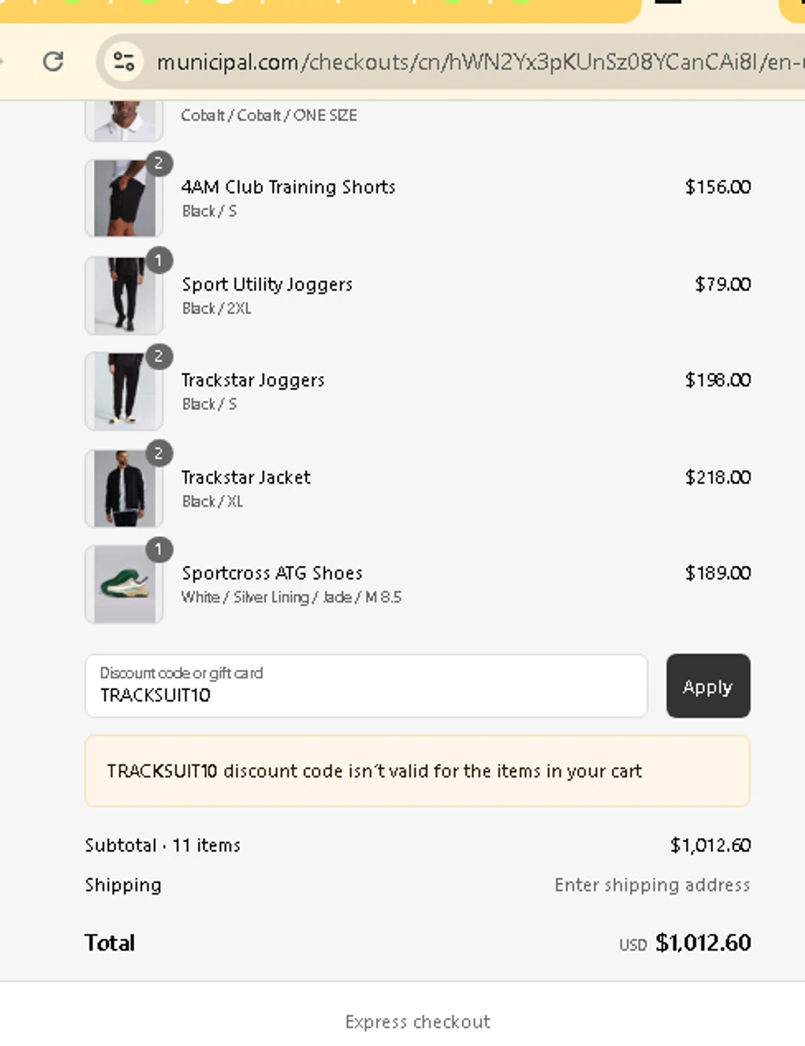 MUNICIPAL discount code screenshot showing code TRACKSUIT10 applied at MUNICIPAL checkout page. Uploaded by SimplyCodes community member AMANDA2681 on Sep 3, 2025