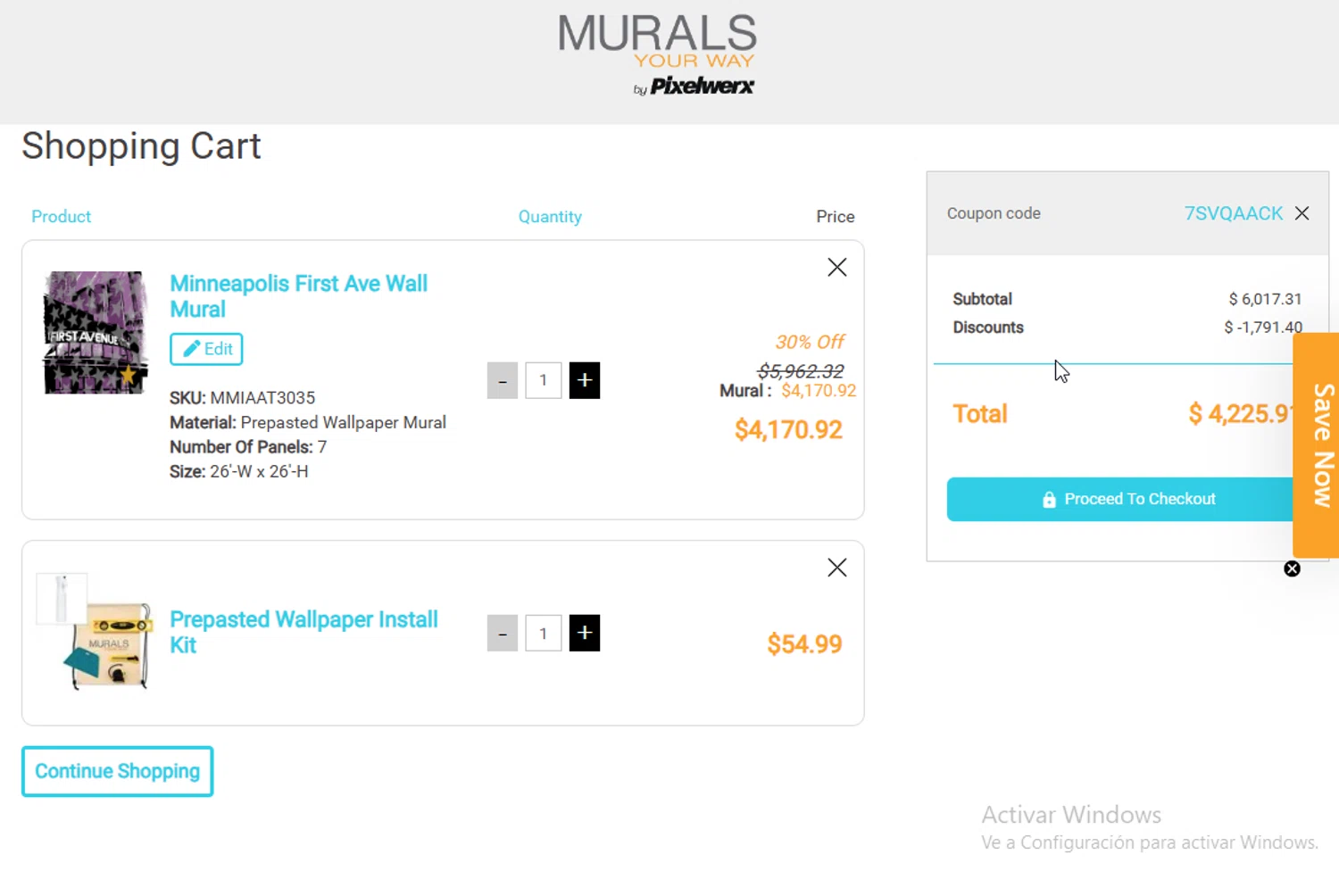 Murals Your Way coupon code screenshot showing code 7SVQAACK applied at Murals Your Way checkout page. Uploaded by SimplyCodes community member Sheele_Icon on Dec 6, 2025
