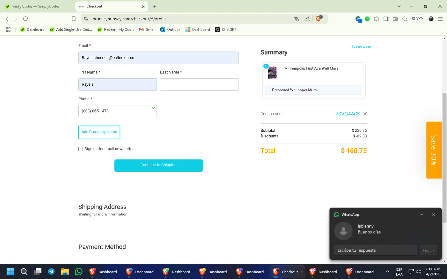 Murals Your Way coupon code screenshot showing code 7SVQAACK applied at Murals Your Way checkout page. Uploaded by SimplyCodes community member ExtraordinaryExpert892 on Feb 4, 2025