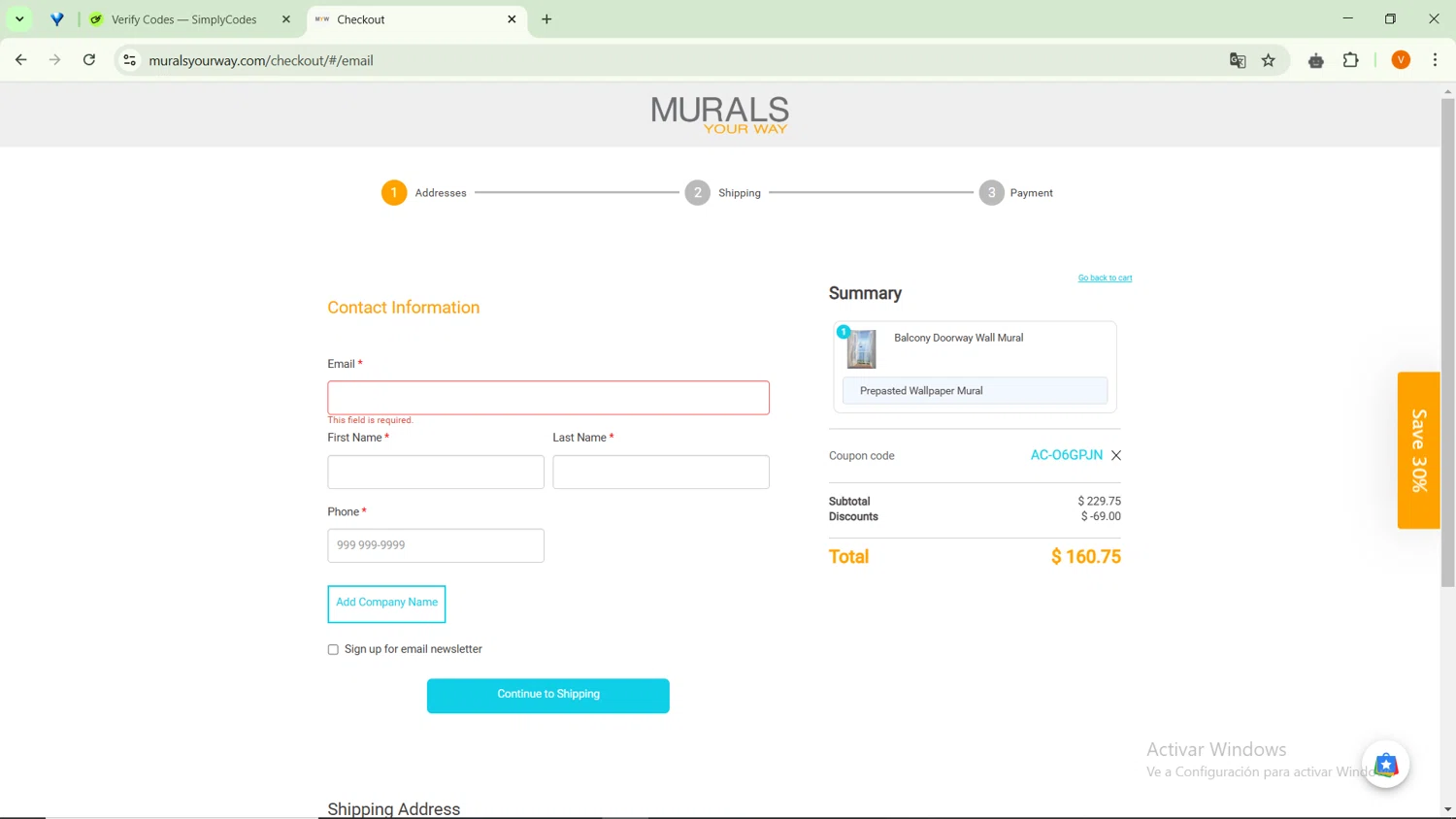 Murals Your Way coupon code screenshot showing code AC-O6GPJN applied at Murals Your Way checkout page. Uploaded by SimplyCodes community member RebateSaver5991 on Feb 4, 2025