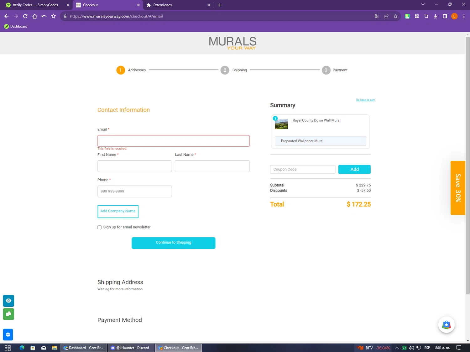 Murals Your Way coupon code screenshot showing code SAFEOPT25 applied at Murals Your Way checkout page. Uploaded by SimplyCodes community member BonusDefender8823 on Feb 4, 2025