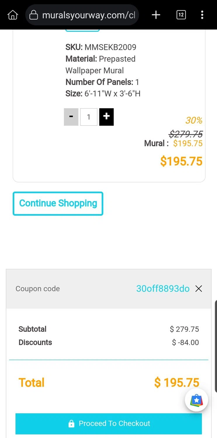 Murals Your Way coupon code screenshot showing code 30off8893do applied at Murals Your Way checkout page. Uploaded by SimplyCodes community member Carloslvz on Aug 16, 2025