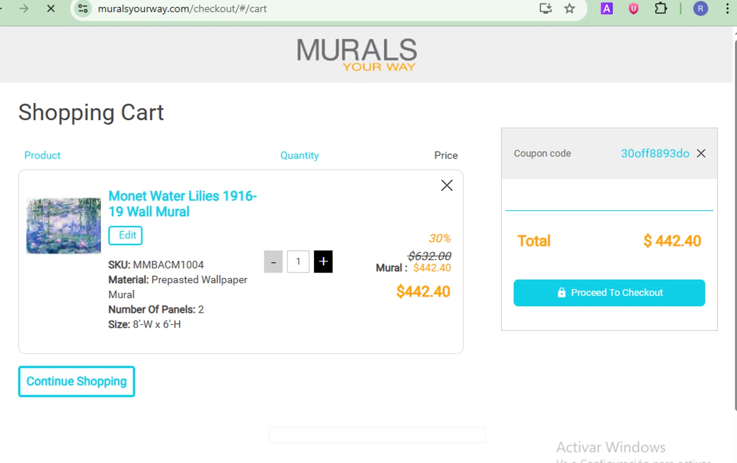 Murals Your Way coupon code screenshot showing code 30off8893do applied at Murals Your Way checkout page. Uploaded by SimplyCodes community member CoinOwl9375 on Jun 19, 2025