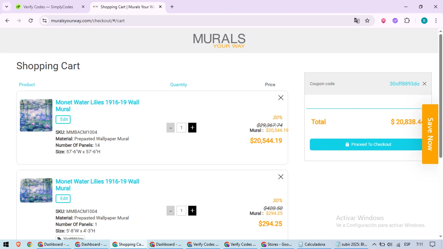 Murals Your Way coupon code screenshot showing code 30off8893do applied at Murals Your Way checkout page. Uploaded by SimplyCodes community member QuestScholar5572 on Jul 18, 2025