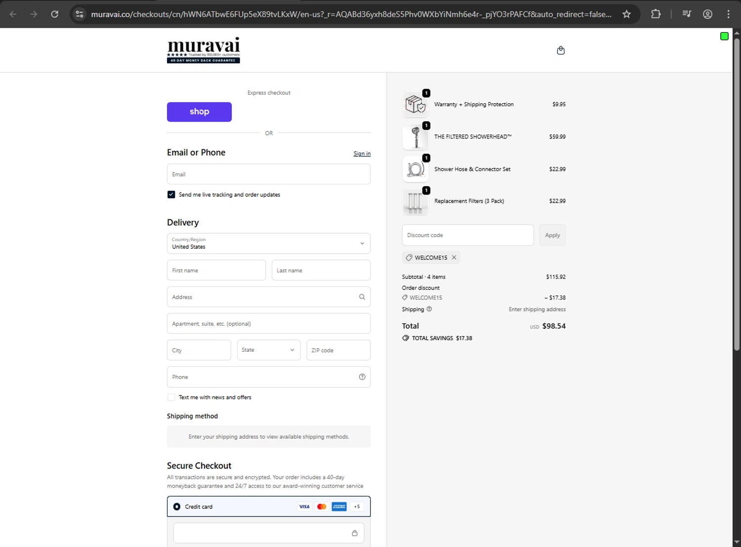 Muravai discount code screenshot showing code WELCOME15 applied at Muravai checkout page. Uploaded by SimplyCodes community member webiwabo on Dec 7, 2025