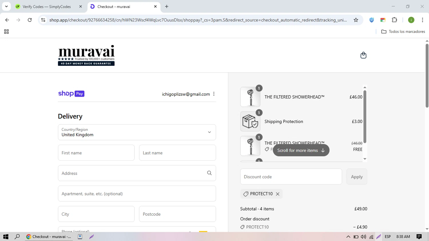Muravai discount code screenshot showing code PROTECT10 applied at Muravai checkout page. Uploaded by SimplyCodes community member nicolasquevedo on Aug 21, 2025