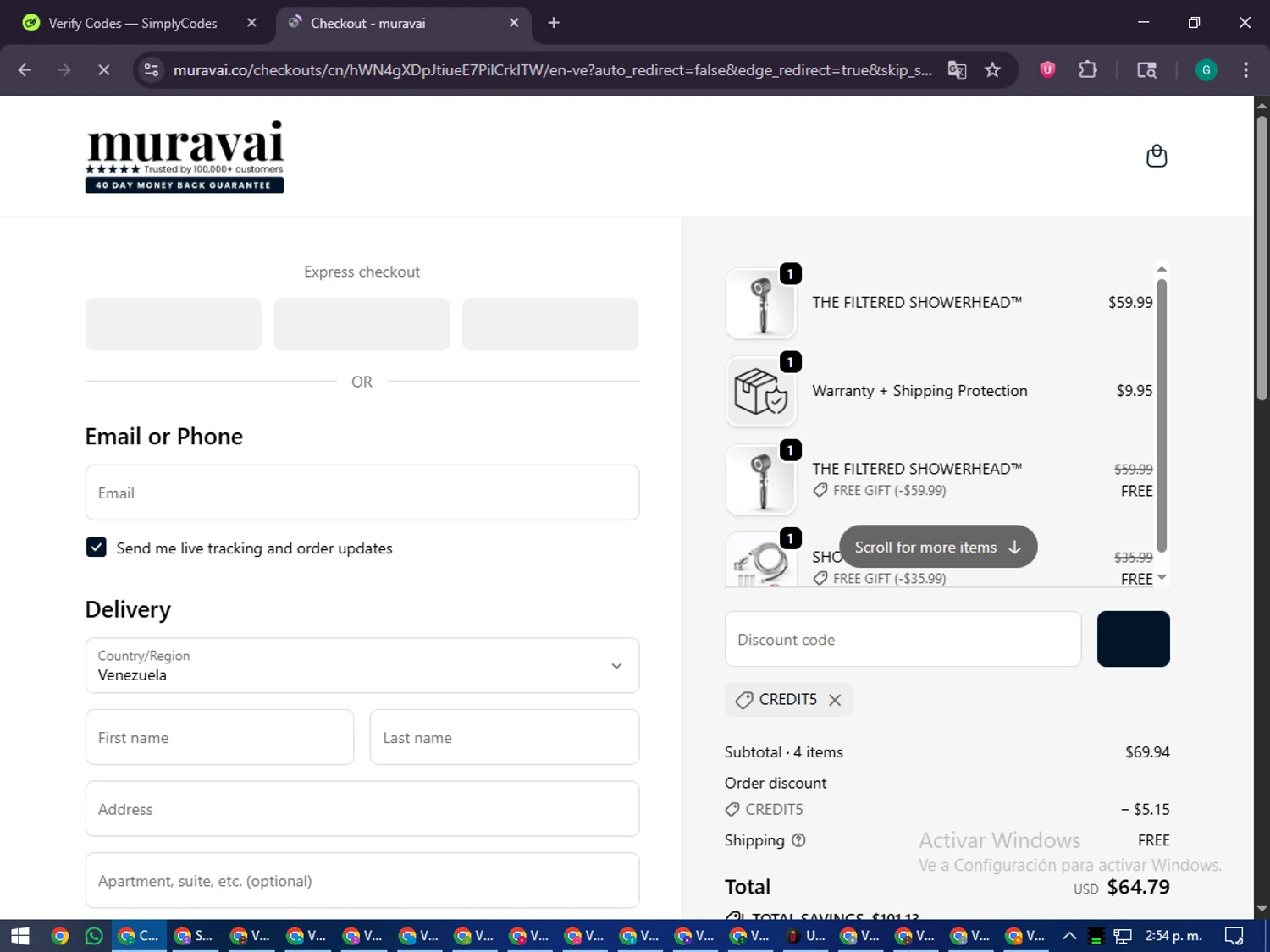 Muravai discount code screenshot showing code CREDIT5 applied at Muravai checkout page. Uploaded by SimplyCodes community member PennyFinder5759 on Oct 29, 2025