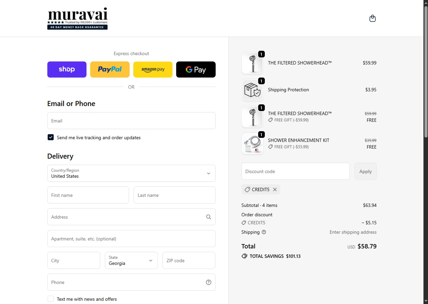 Muravai discount code screenshot showing code CREDIT5 applied at Muravai checkout page. Uploaded by SimplyCodes community member SwiftTracker8156 on Oct 1, 2025