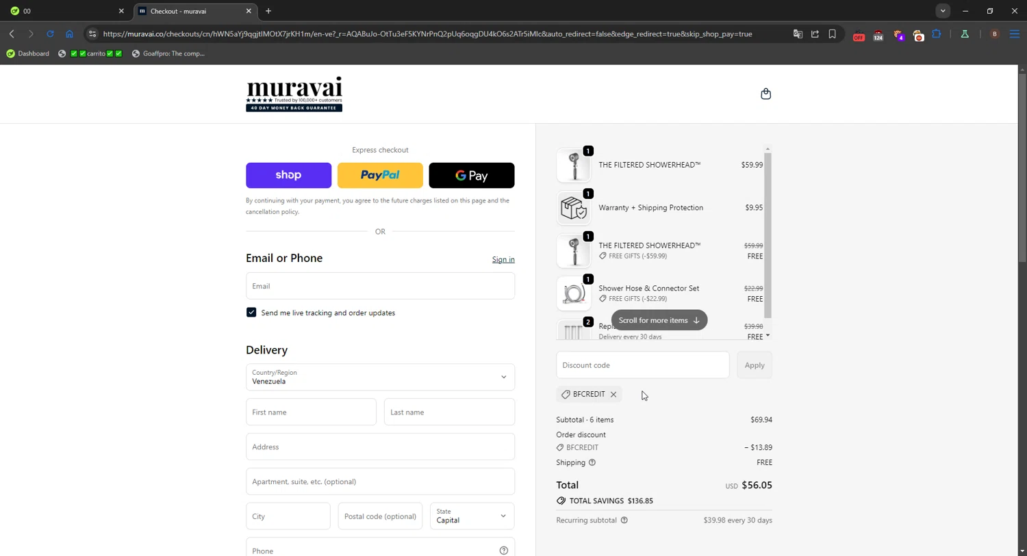 Muravai discount code screenshot showing code BFCREDIT applied at Muravai checkout page. Uploaded by SimplyCodes community member FrugalShopper1585 on Nov 22, 2025