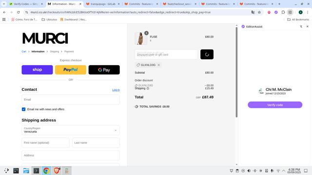Murci checkout page showing Murci discount code box | Screenshot taken by SimplyCodes community member on Sep 5, 2025