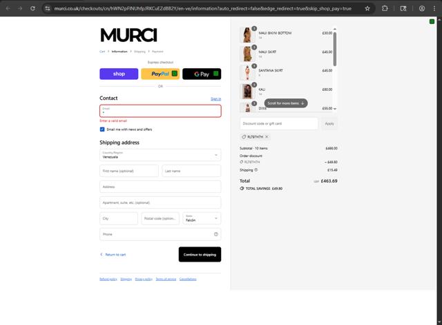 Murci checkout page showing Murci discount code box | Screenshot taken by SimplyCodes community member on Sep 10, 2025