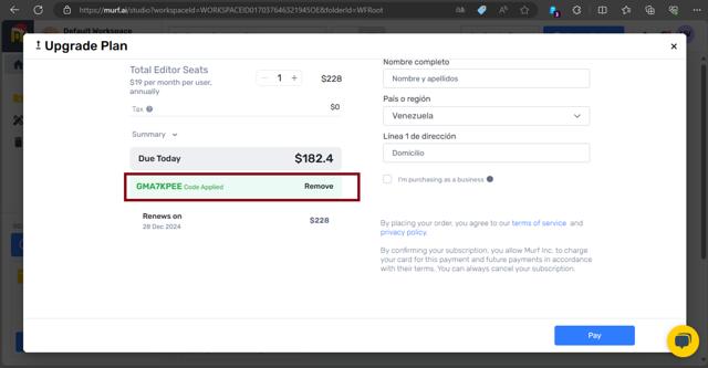 Murf AI checkout page showing Murf AI promo code box | Screenshot taken by SimplyCodes community member on Dec 28, 2023