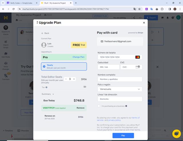 Murf AI checkout page showing Murf AI promo code box | Screenshot taken by SimplyCodes community member on Feb 28, 2024