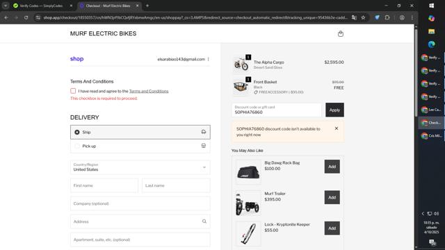 Murf Electric Bikes checkout page showing Murf Electric Bikes promo code box | Screenshot taken by SimplyCodes community member on Oct 4, 2025