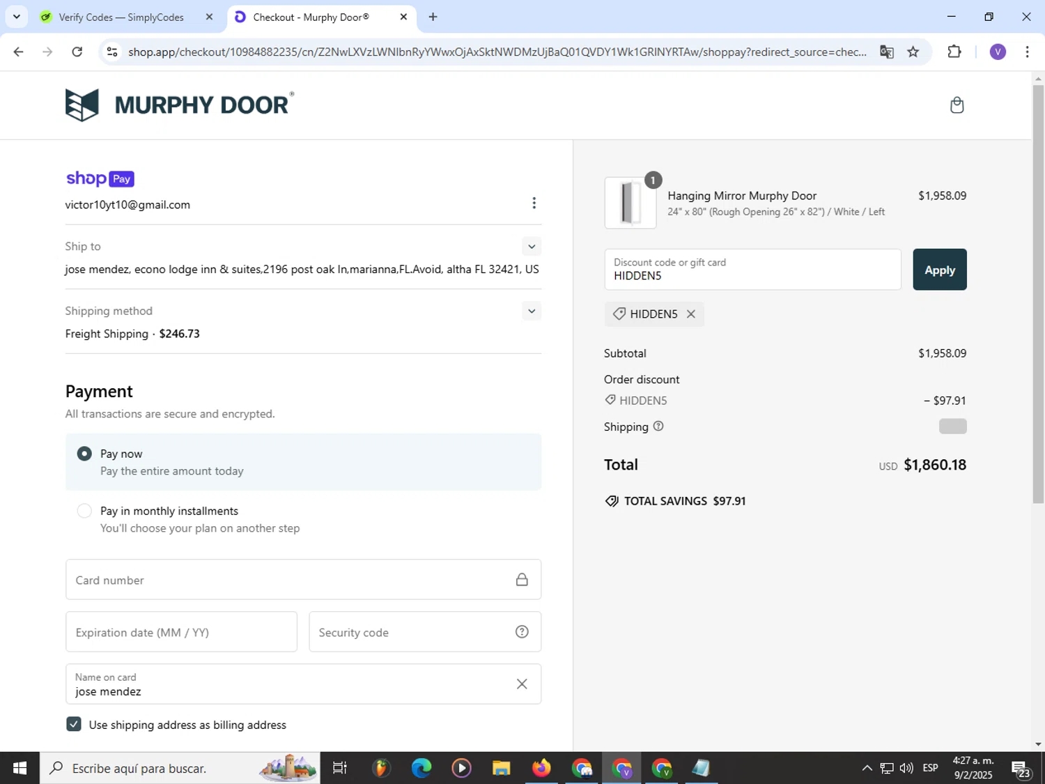 Murphy Door discount code screenshot showing code HIDDEN5 applied at Murphy Door checkout page. Uploaded by SimplyCodes community member Satoru_gojo on Feb 9, 2025