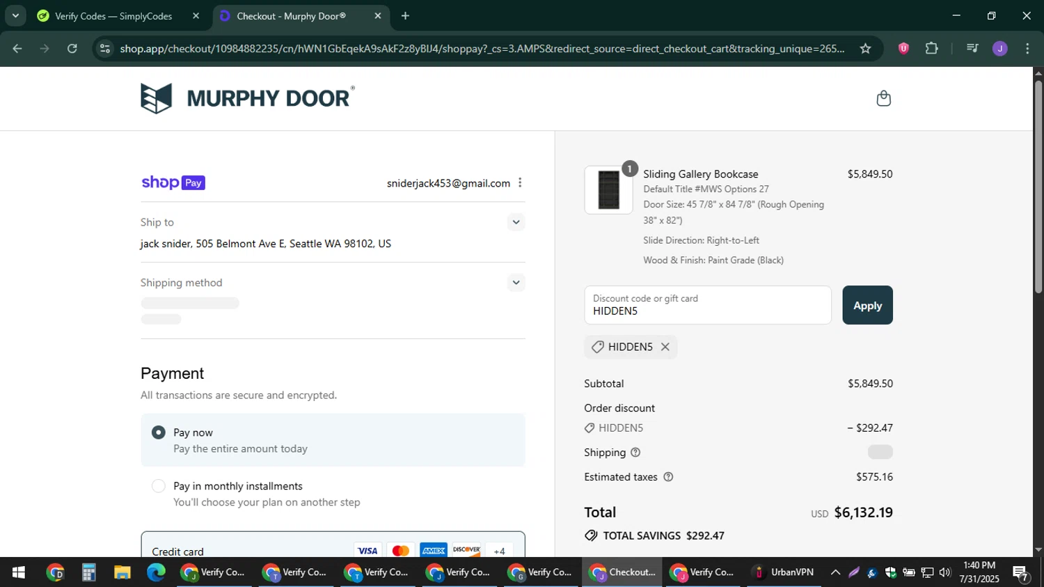 Murphy Door discount code screenshot showing code HIDDEN5 applied at Murphy Door checkout page. Uploaded by SimplyCodes community member sniderjack453 on Jul 31, 2025