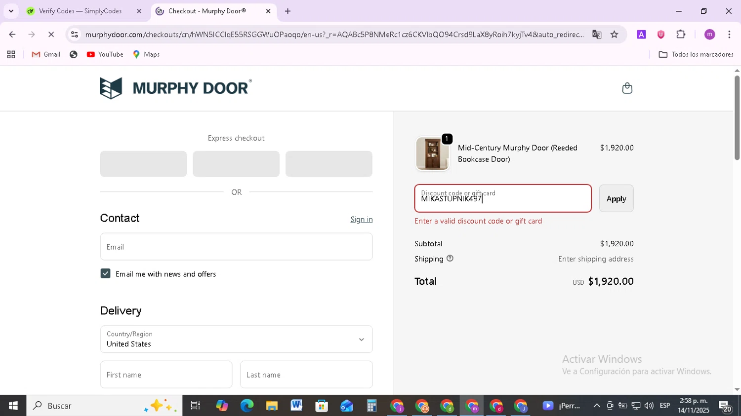 Murphy Door discount code screenshot showing code MIKASTUPNIK497 applied at Murphy Door checkout page. Uploaded by SimplyCodes community member BudgetMonarch8952 on Nov 14, 2025