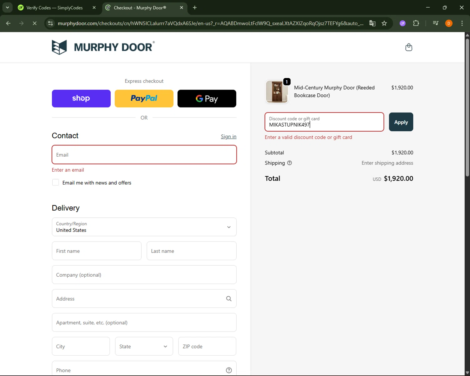 Murphy Door discount code screenshot showing code MIKASTUPNIK497 applied at Murphy Door checkout page. Uploaded by SimplyCodes community member FrugalFalcon351 on Nov 14, 2025