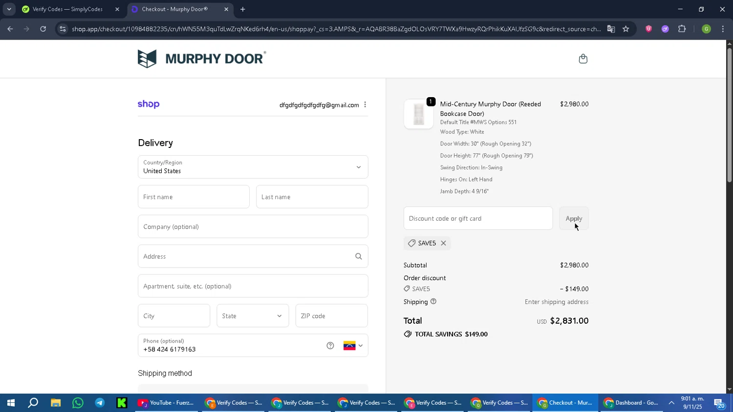 Murphy Door discount code screenshot showing code SAVE5 applied at Murphy Door checkout page. Uploaded by SimplyCodes community member PromoScout8746 on Nov 9, 2025