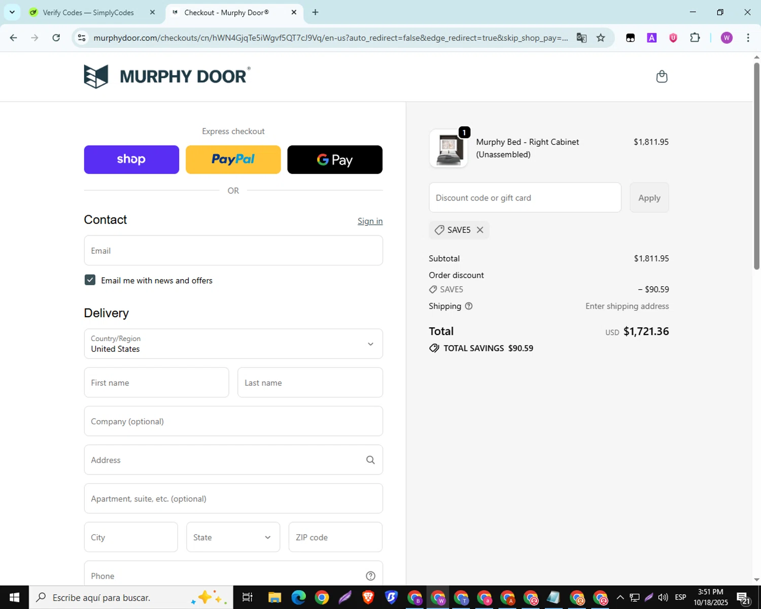 Murphy Door discount code screenshot showing code SAVE5 applied at Murphy Door checkout page. Uploaded by SimplyCodes community member SwiftScout6682 on Oct 18, 2025