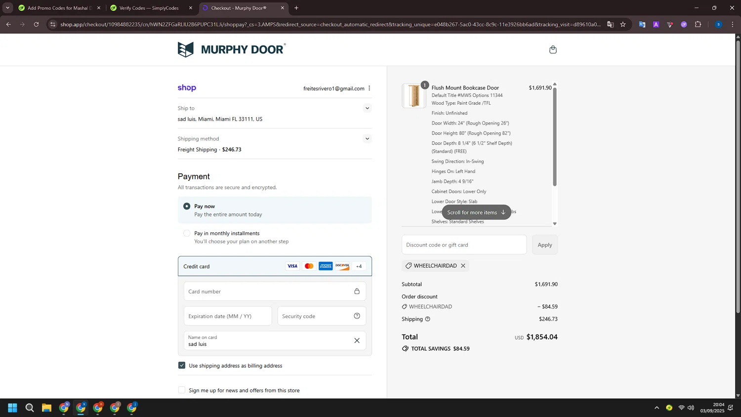 Murphy Door discount code screenshot showing code Wheelchairdad applied at Murphy Door checkout page. Uploaded by SimplyCodes community member ExtraordinarySleuth4345 on Sep 4, 2025