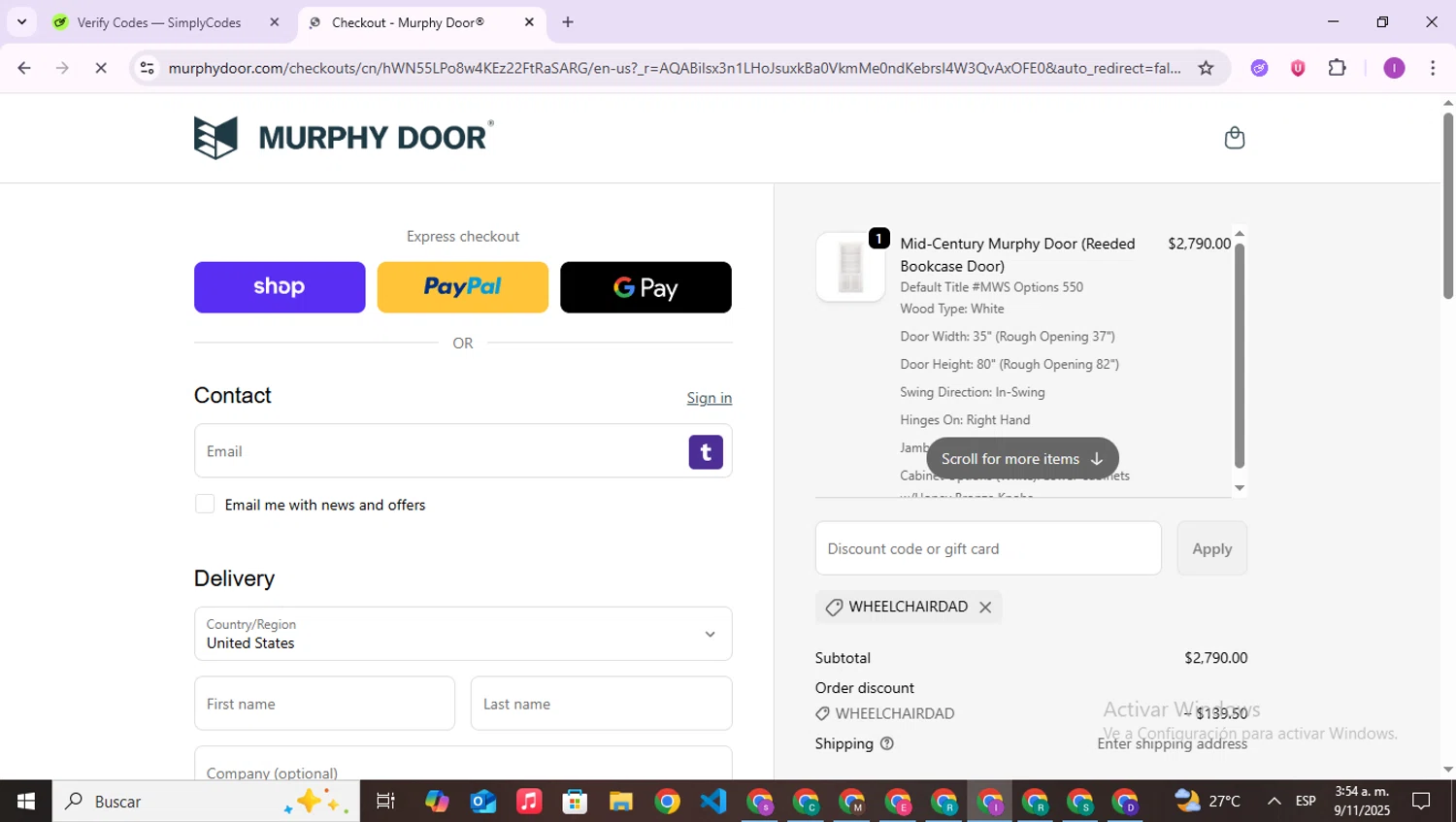 Murphy Door discount code screenshot showing code Wheelchairdad applied at Murphy Door checkout page. Uploaded by SimplyCodes community member RebateAce6764 on Nov 9, 2025