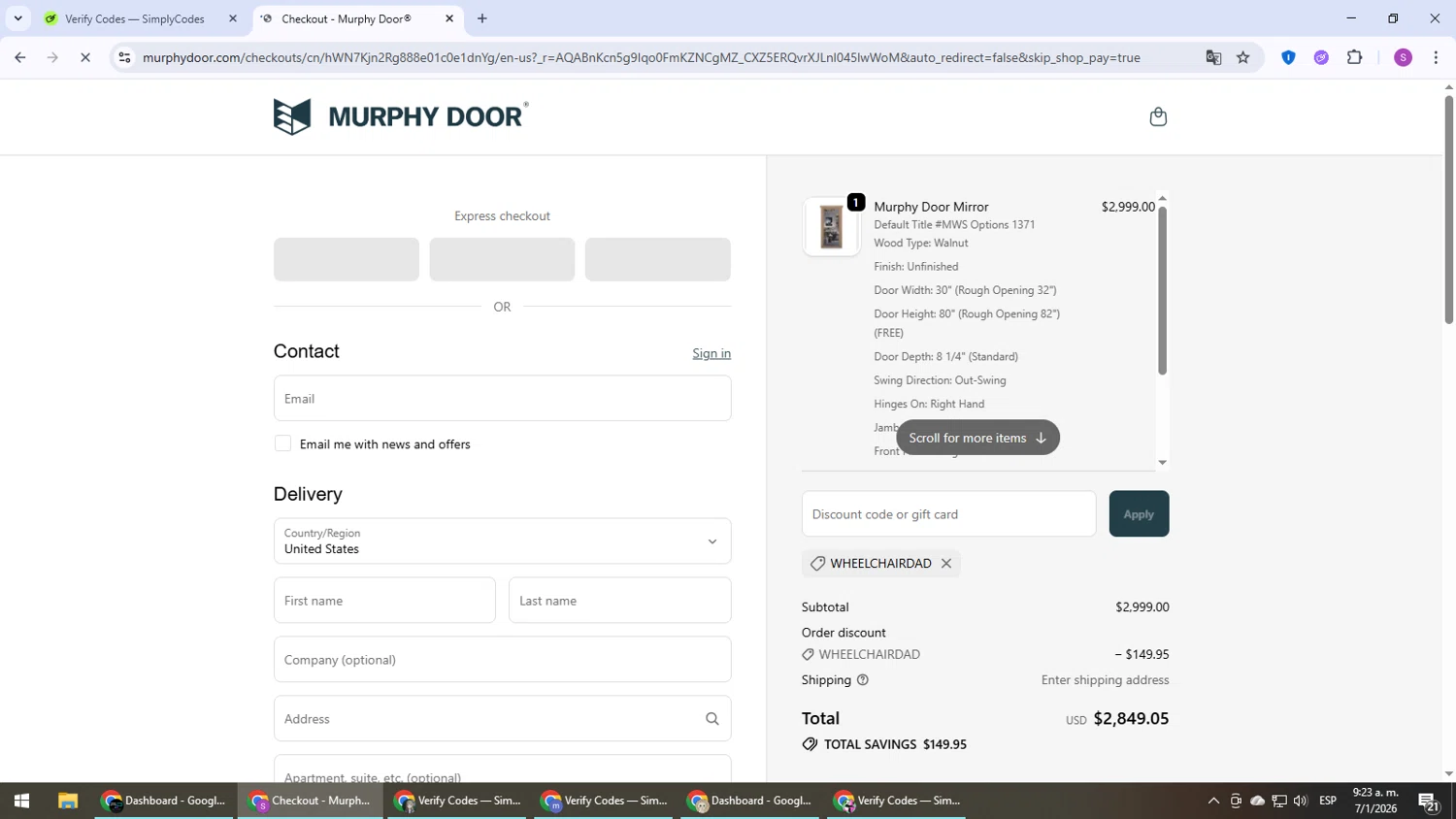 Murphy Door discount code screenshot showing code Wheelchairdad applied at Murphy Door checkout page. Uploaded by SimplyCodes community member Son_Goku on Jan 7, 2026