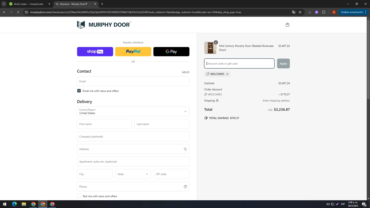 Murphy Door discount code screenshot showing code WELCOME5 applied at Murphy Door checkout page. Uploaded by SimplyCodes community member usename on Mar 30, 2025