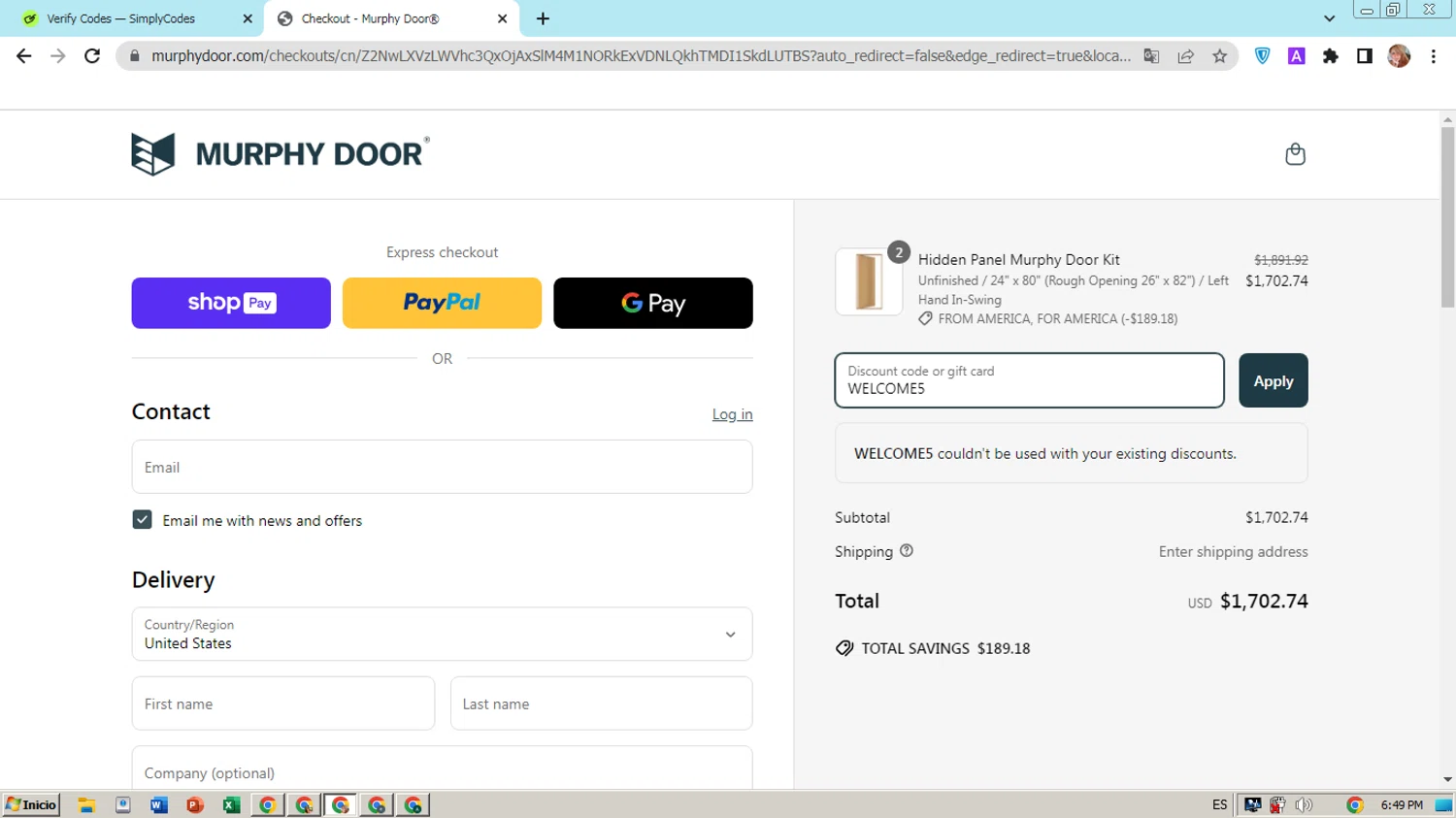 Murphy Door discount code screenshot showing code WELCOME5 applied at Murphy Door checkout page. Uploaded by SimplyCodes community member hectorpetit1 on Apr 19, 2025