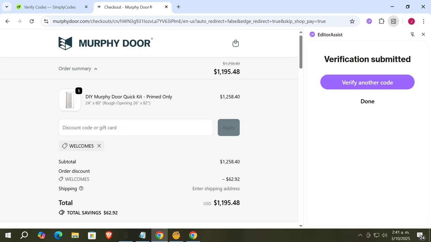 Murphy Door discount code screenshot showing code WELCOME5 applied at Murphy Door checkout page. Uploaded by SimplyCodes community member vergil_lains on Oct 3, 2025