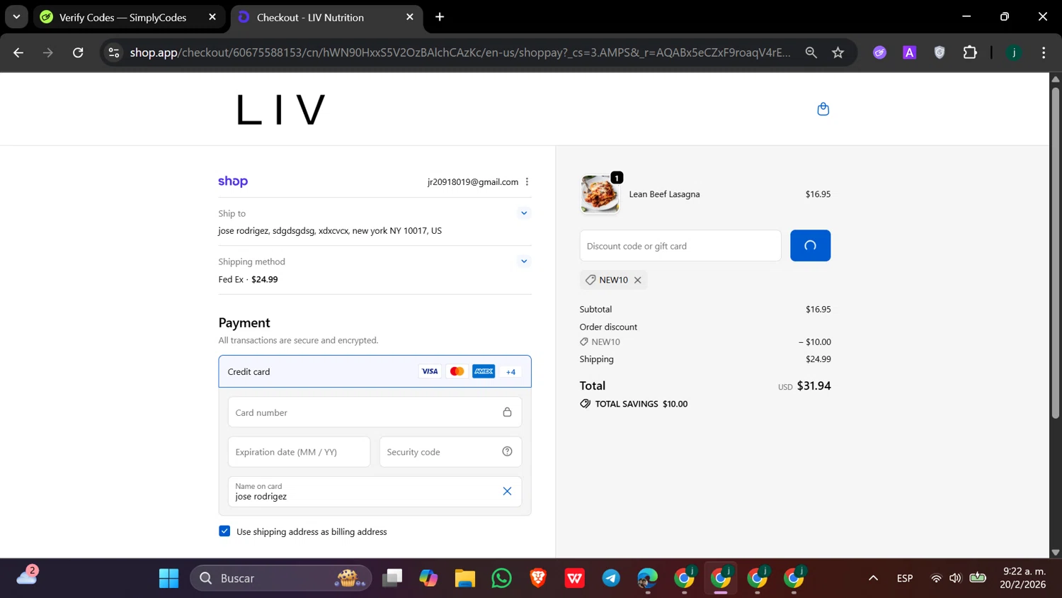 Muscle Meals 2 Go promo code screenshot showing code NEW10 applied at Muscle Meals 2 Go checkout page. Uploaded by SimplyCodes community member hanzell2 on Feb 20, 2026