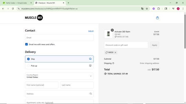Muscle MX checkout page showing Muscle MX promo code box | Screenshot taken by SimplyCodes community member on Sep 8, 2025